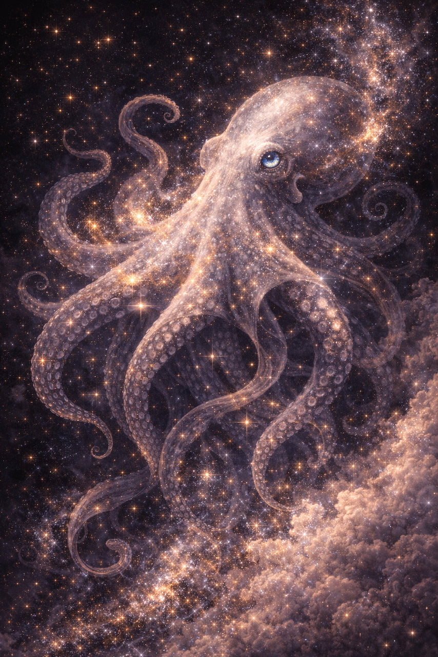 Fantasy octopus made of stars and nebulae floating in a cosmic night sky