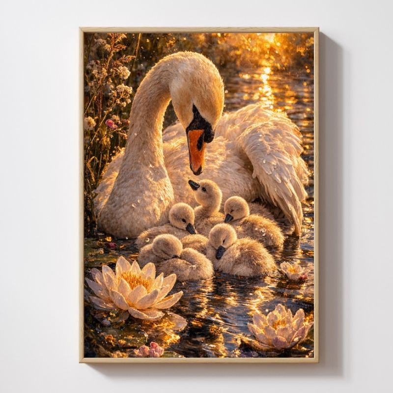 Swan with cygnets wall art, golden water lilies, warm sunlight, fantasy-inspired decor