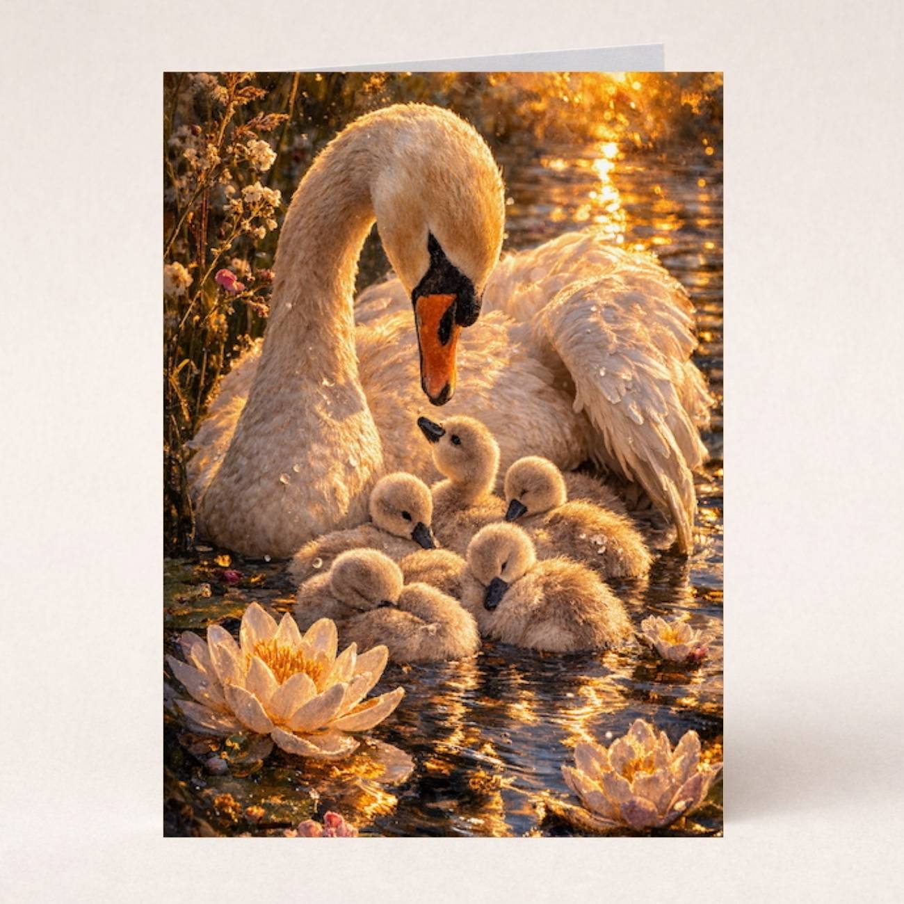 Swan with cygnets surrounded by water lilies in a sunlit pond, fantasy art card