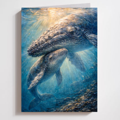 Fantasy art print of a mother whale and calf swimming underwater with sun rays