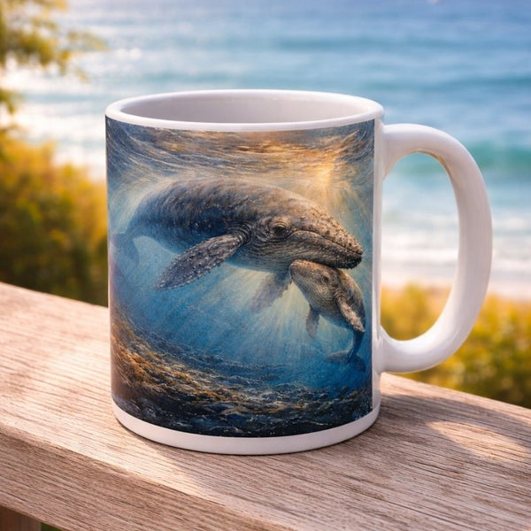 Ceramic mug with whale art design on a wooden railing by the ocean