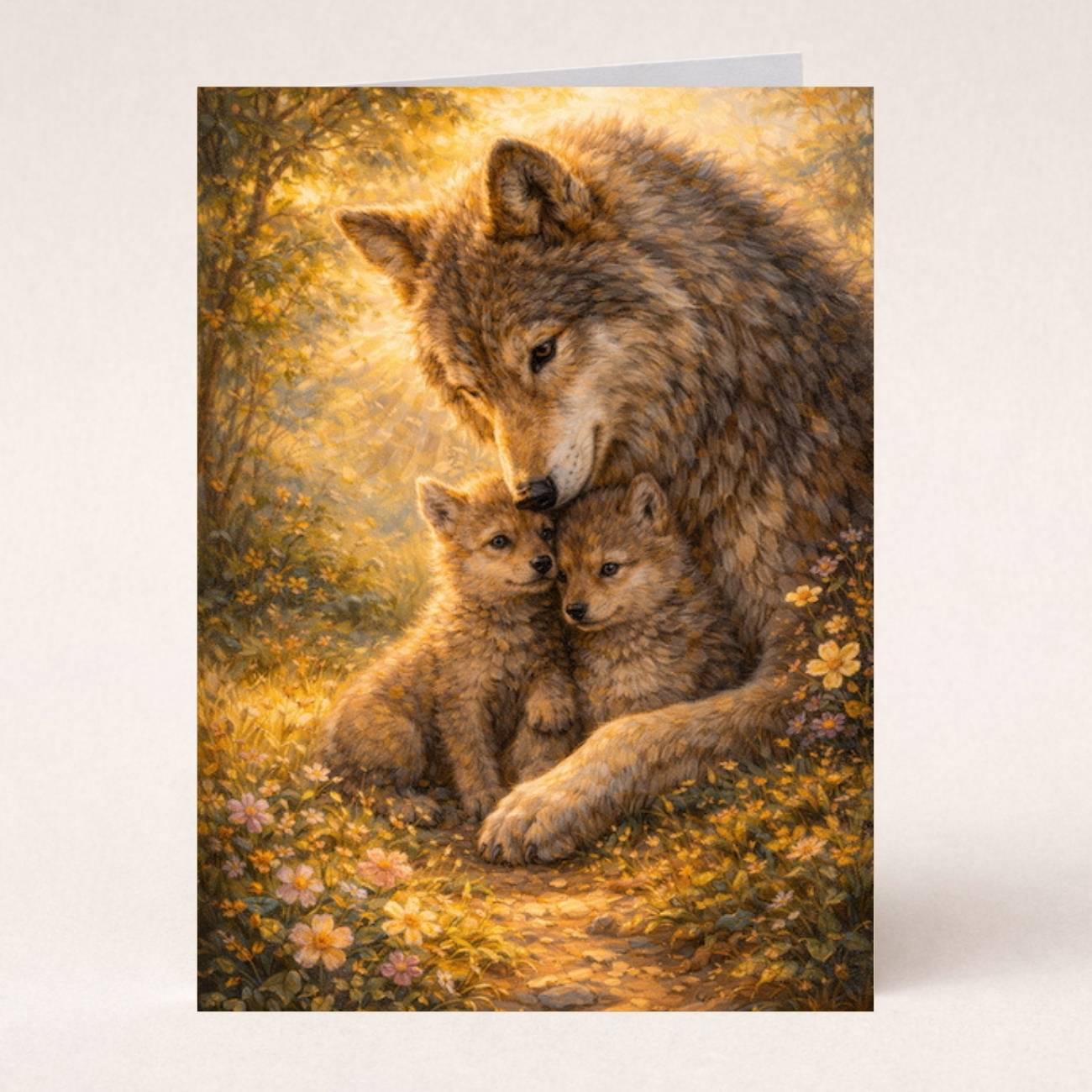 Fantasy art card with a mother wolf and two wolf pups in a sunlit floral forest