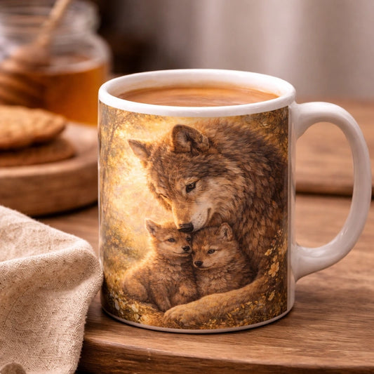 Ceramic mug featuring mother wildlife designs including wolf with pups, fox with kits, lioness with cubs, and bear with cubs in warm natural tones