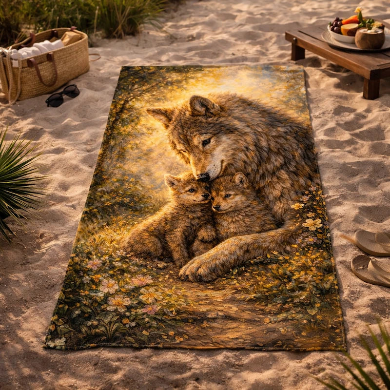 Beach towel with detailed wolf and cubs artwork, forest theme, laid on sandy beach