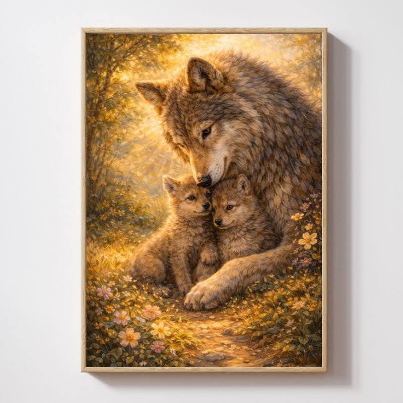Framed wolf wall art showing a wolf with two pups in a sunlit floral forest setting