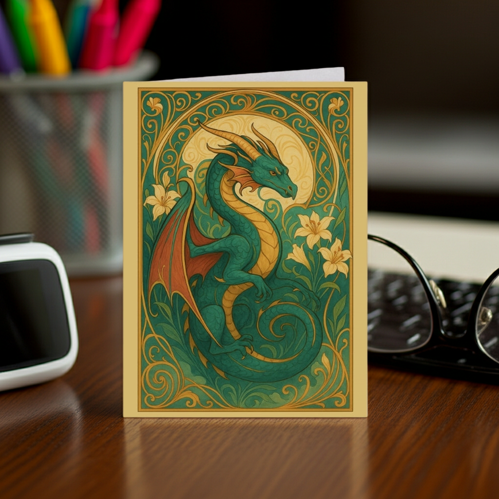 Fantasy dragon greeting card with ornate floral design on a wooden desk