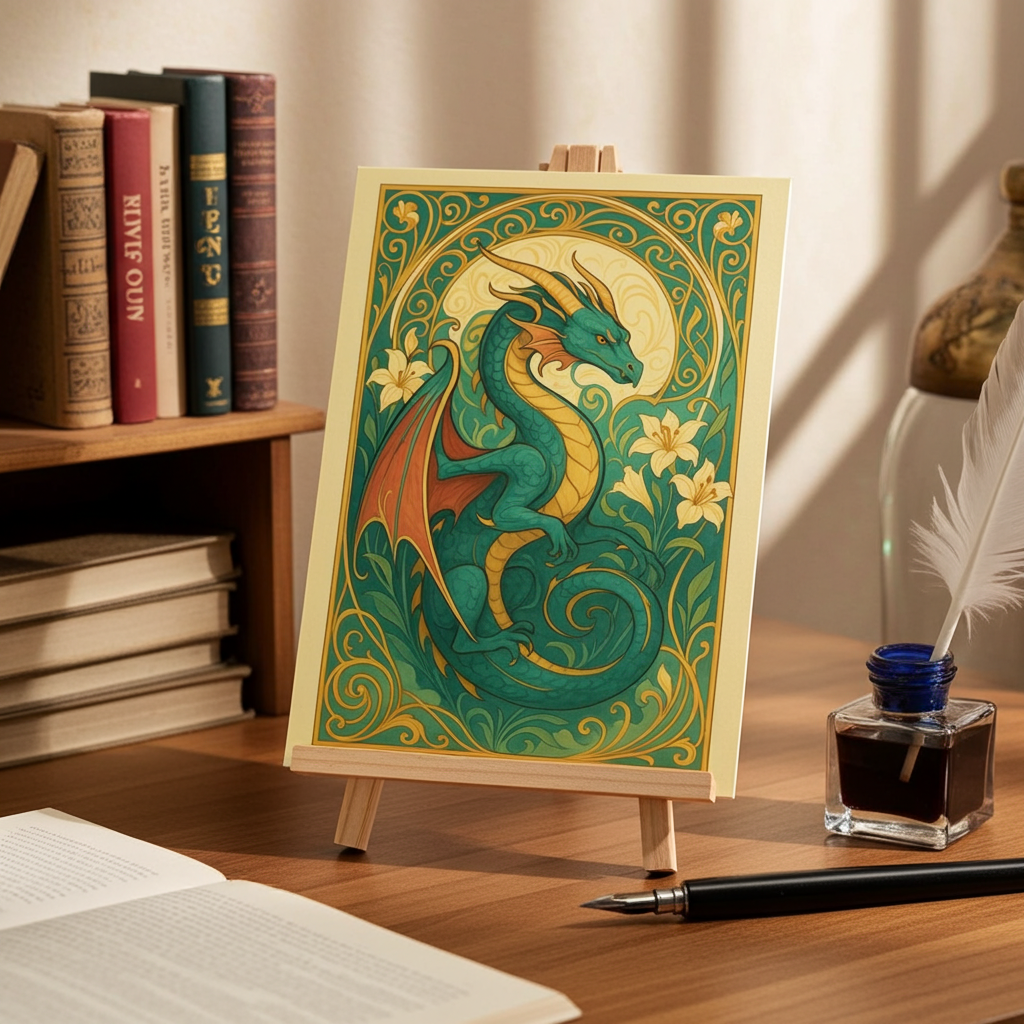 Fantasy dragon art print with green and gold details on desk, surrounded by books and writing tools