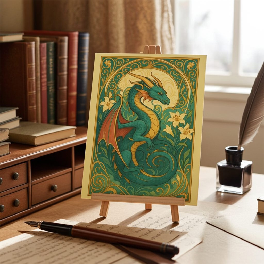 Fantasy dragon art print with green and gold details on easel, desk, vintage books background.